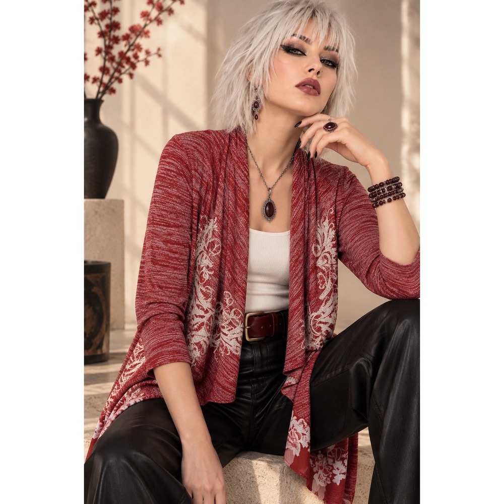 Vocal Womens Red Space Dye Studded Floral Sheer Back Open Cardigan Large